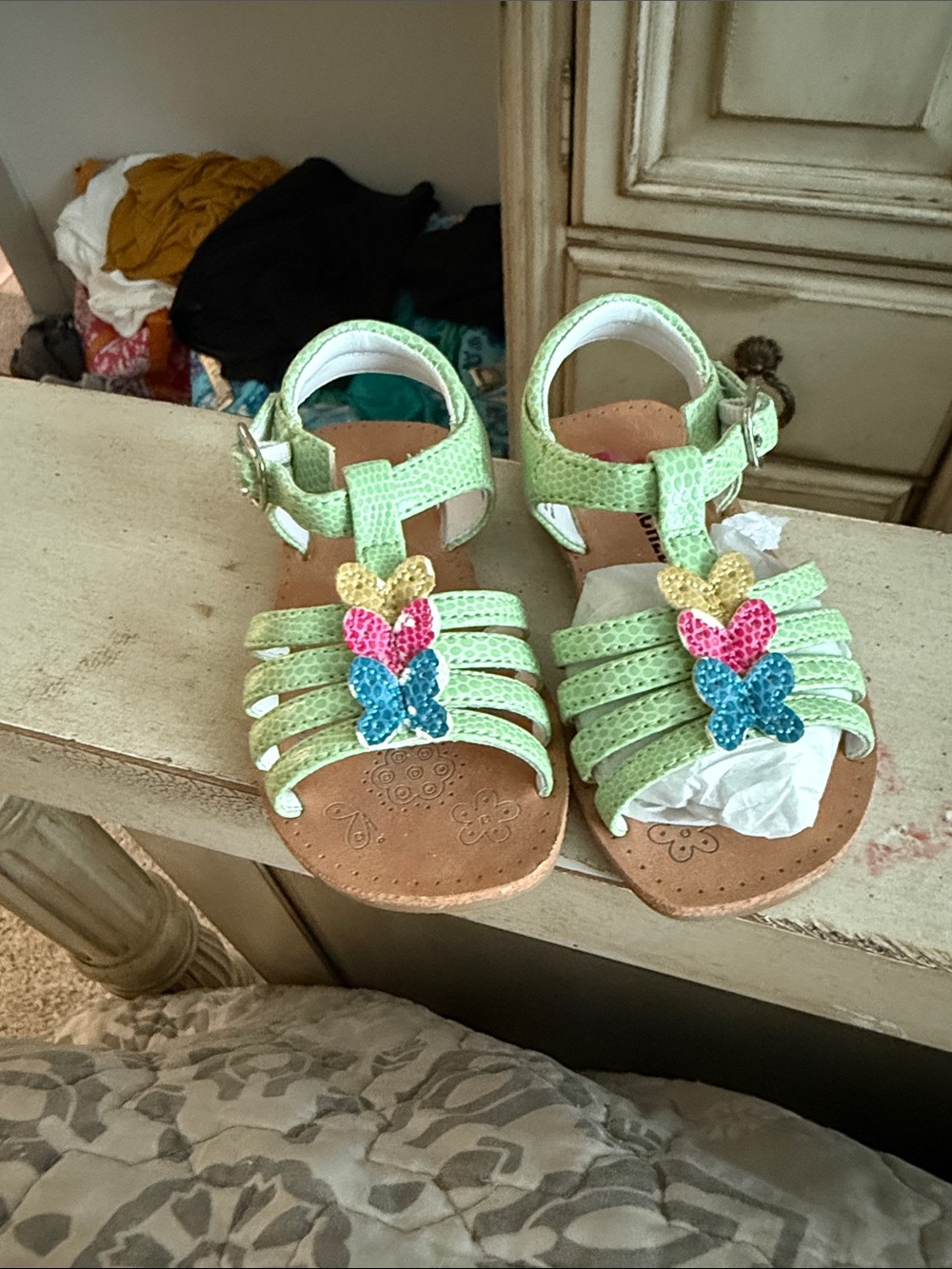 Rachel Mint Green Girls' Strappy Sandals with Sequined Butterfly Accents